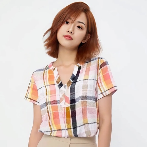 Van Heusen Tops - Van Heusen Short Sleeve V Neck Shirt in Pink White Yellow Women’s Large